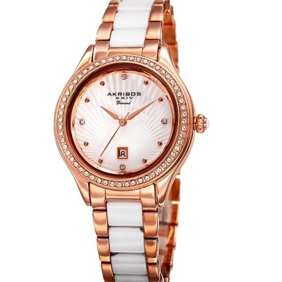 Women's Watch Akribos XXIV Diamond Oyster Quartz Rose Gold Swarovski Crystals - Picture 1 of 5
